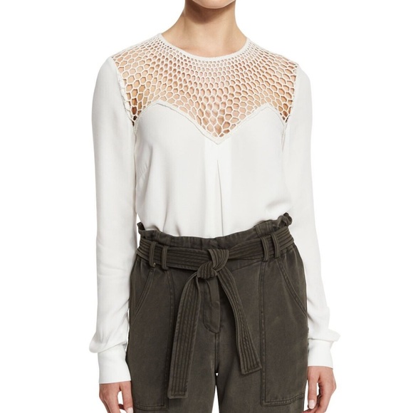 A.L.C. Tops - A.L.C. Sian Long Sleeve‎ Crepe Blouse Silk Honeycomb Crochet Net Ivory 2